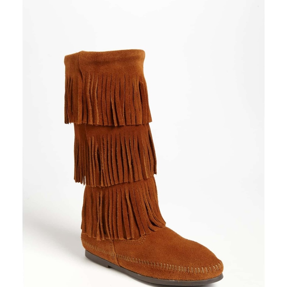 MINNETONKA 3-Layer Fringe Boot BROWN SUEDE (7) Hippie Gyspy Retro 70s COACHELLA